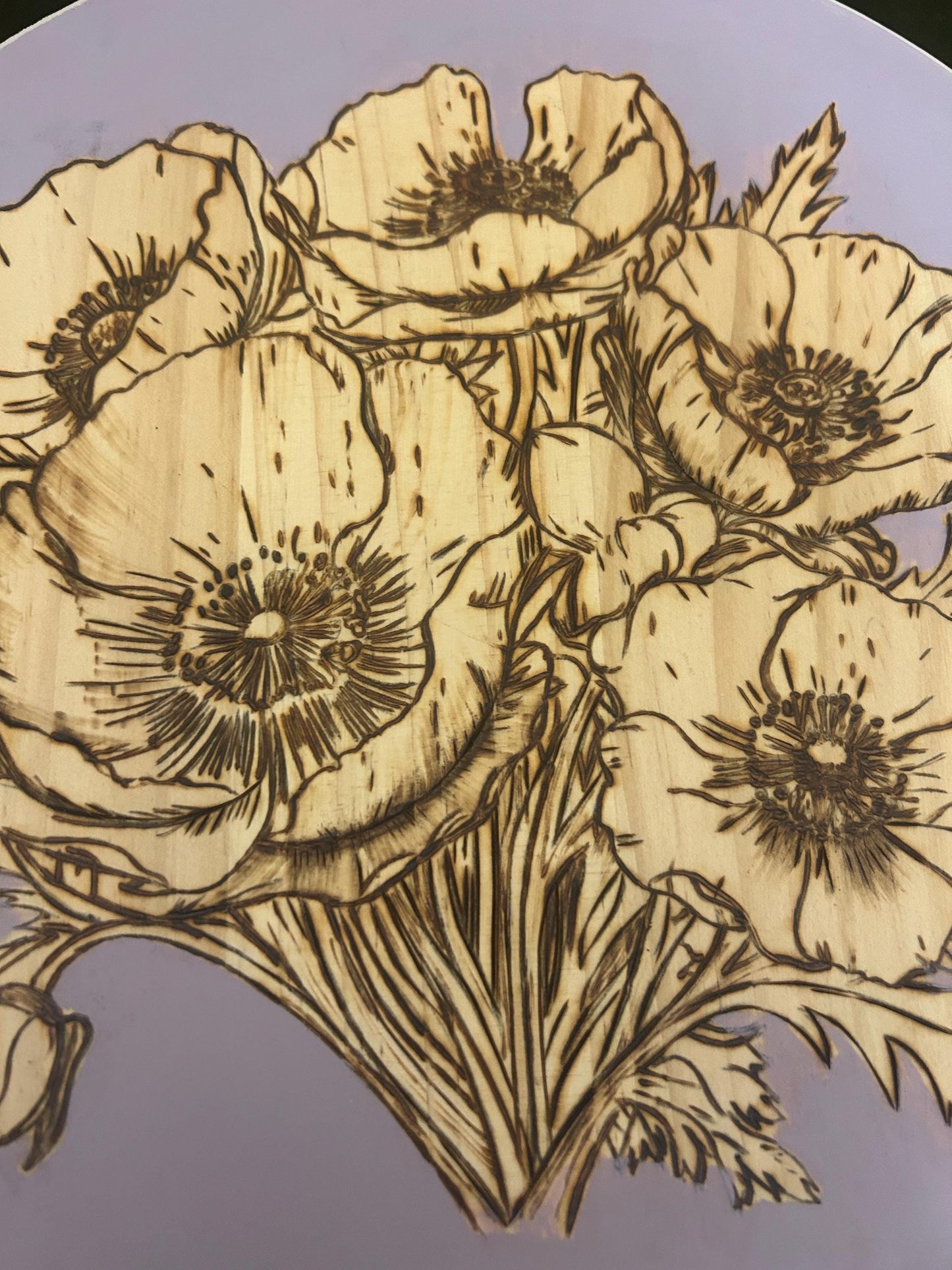 Pyrography art . Woodburned Floral Wall Art - lilac purple Decor - Gifts for Her, poppy Flower Wood Home Decor, Unique Handmade floral gifts