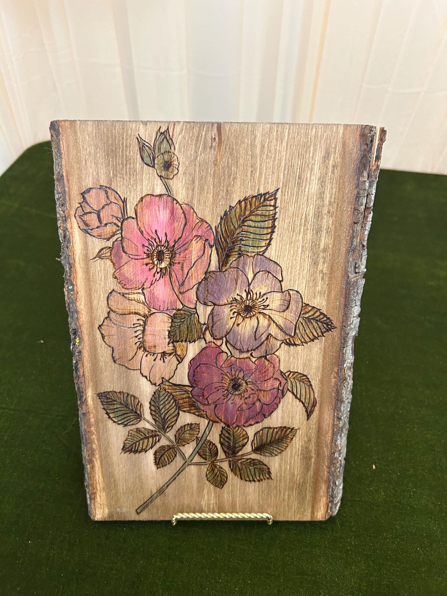 Handmade Pyrography Floral Wall Hanging - Wood Burning Art