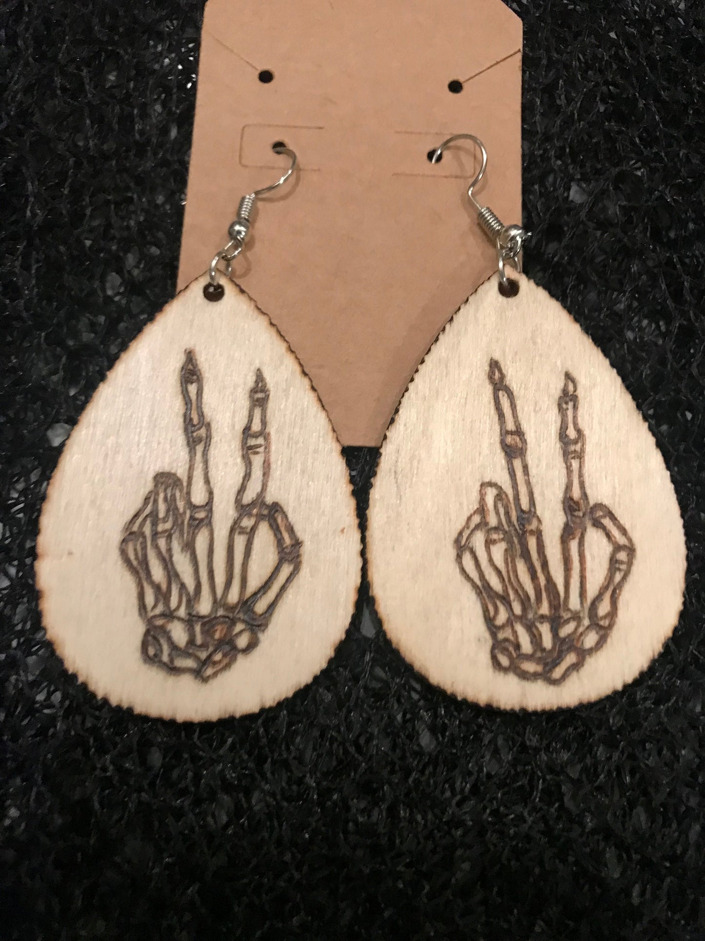 Edgy Elegance: Hand Burned Wooden Pyrography Earrings | Skeleton Hand Peace Sign | Statement Jewelry | Gift for Alternative Fashion Lovers