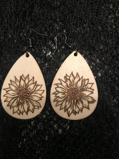 Sunflower Splendor: Handcrafted Pyrography Wooden Earrings | Nature-inspired Jewelry | Floral Earrings | Gift for Her