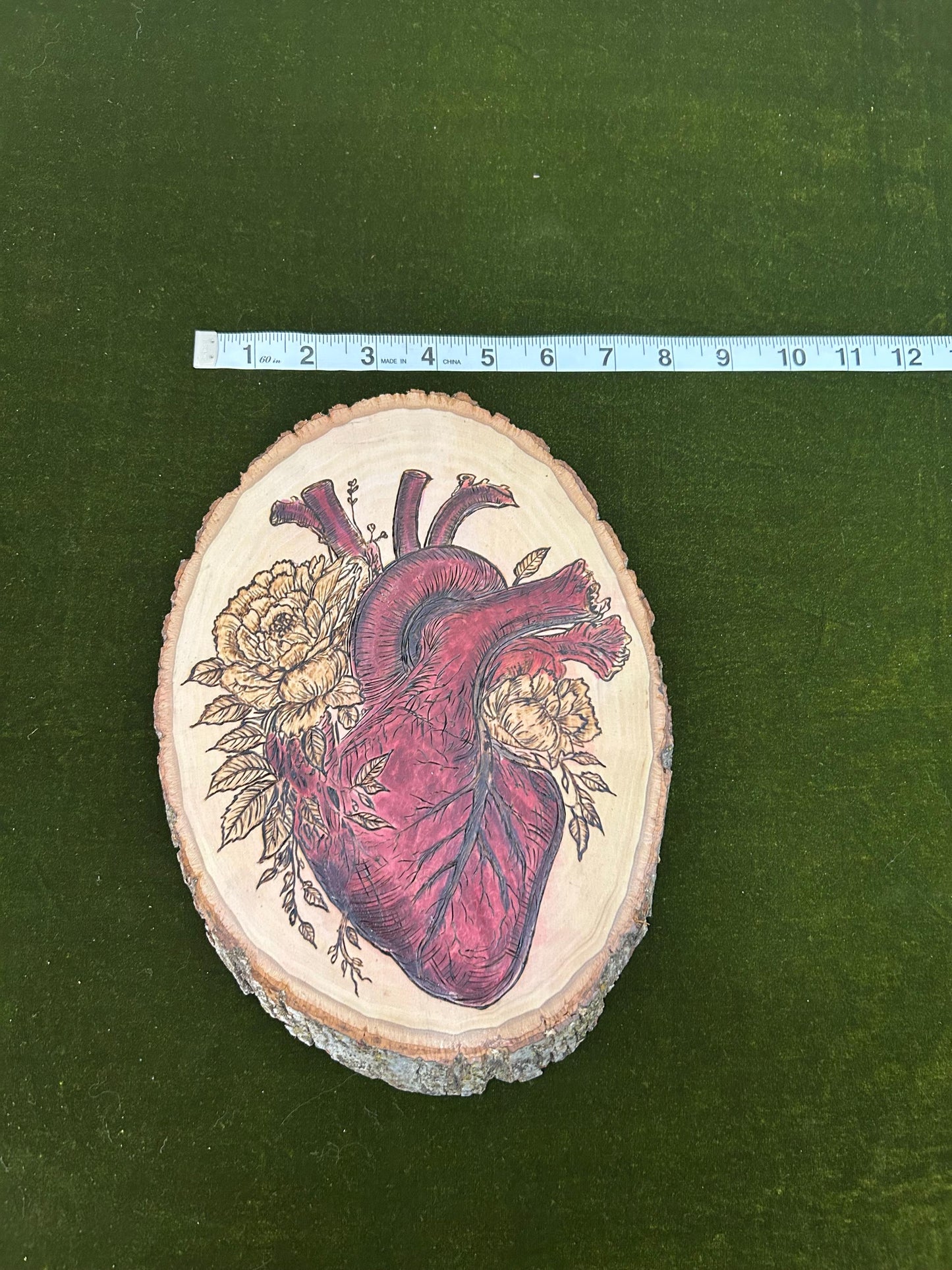 Anatomical Heart Floral Macabre Beautiful Pyrography Art Piece - Unique and curious woodburned art, Red accents, Woodburned wood slice