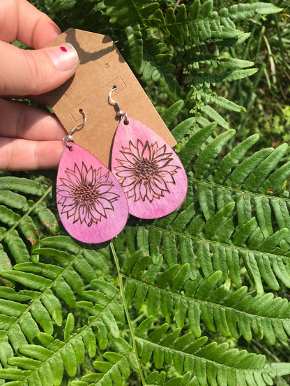 Sunflower Serenade Wood Burned Earrings for Nature Lovers Handcrafted Wooden Pyrography Earrings | Pink Dangle Earrings | Nature-inspired