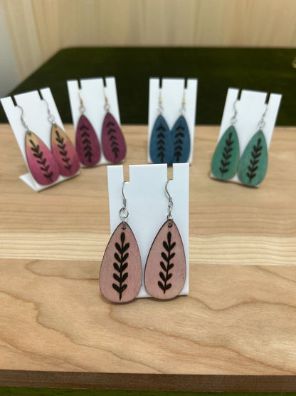 Wood Burned Pendant Dangle Drop Earrings - Unique Jewelry Earrings for Her - Leaf Pendant Design - Wood Jewelry - wearable art