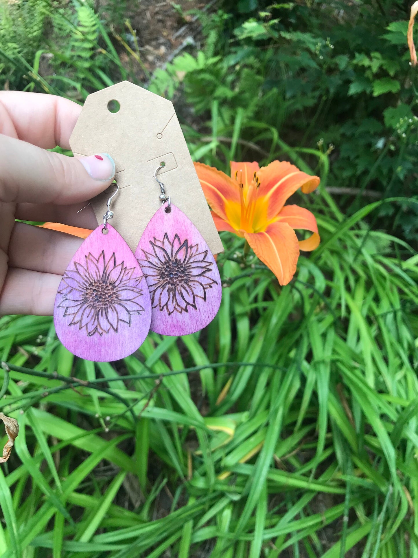 Sunflower Serenade Wood Burned Earrings for Nature Lovers Handcrafted Wooden Pyrography Earrings | Pink Dangle Earrings | Nature-inspired