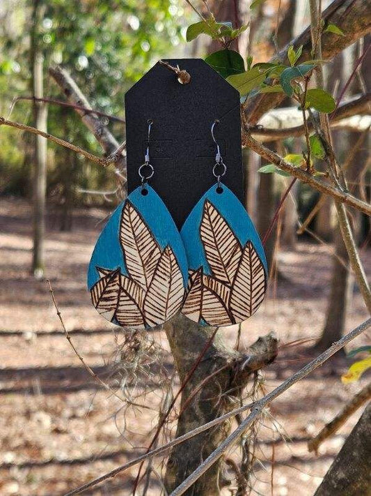 Leaves of inspiraton, Bright blue nature-inspired floral leaf wood burned earrings, handmade wearable art jewelry, gifts for her.