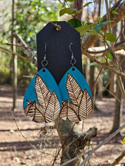Leaves of inspiraton, Bright blue nature-inspired floral leaf wood burned earrings, handmade wearable art jewelry, gifts for her.