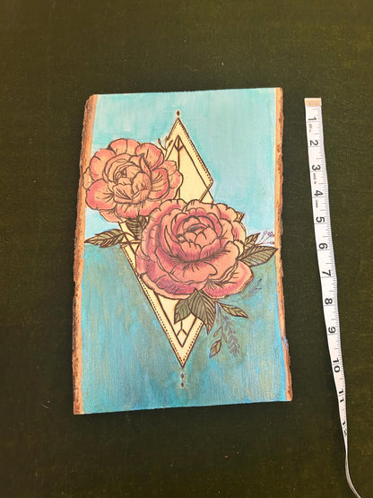 Floral Carnation wood pyrography home decor, hand-painted shimmery blue, details, pink flowers