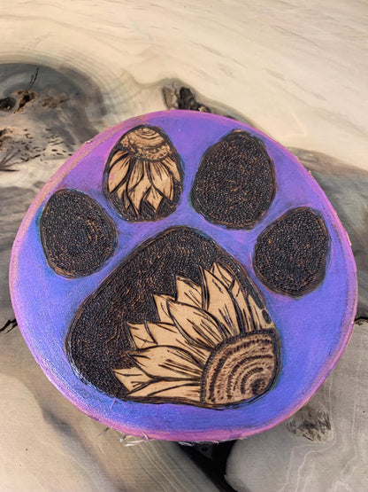 Purple Hand-crafted Pyrography Flower Dog Paw wall hanging