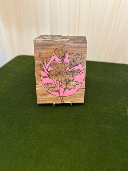 Woodburned Orchid Wall Art: Pink Accent, Spalted Maple, Live Edge