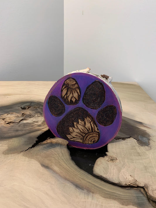 Purple Hand-crafted Pyrography Flower Dog Paw wall hanging
