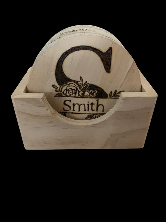 Customizable Family Monogram, Family Name Pine Coaster Set - Gifts for the couple - wedding gift