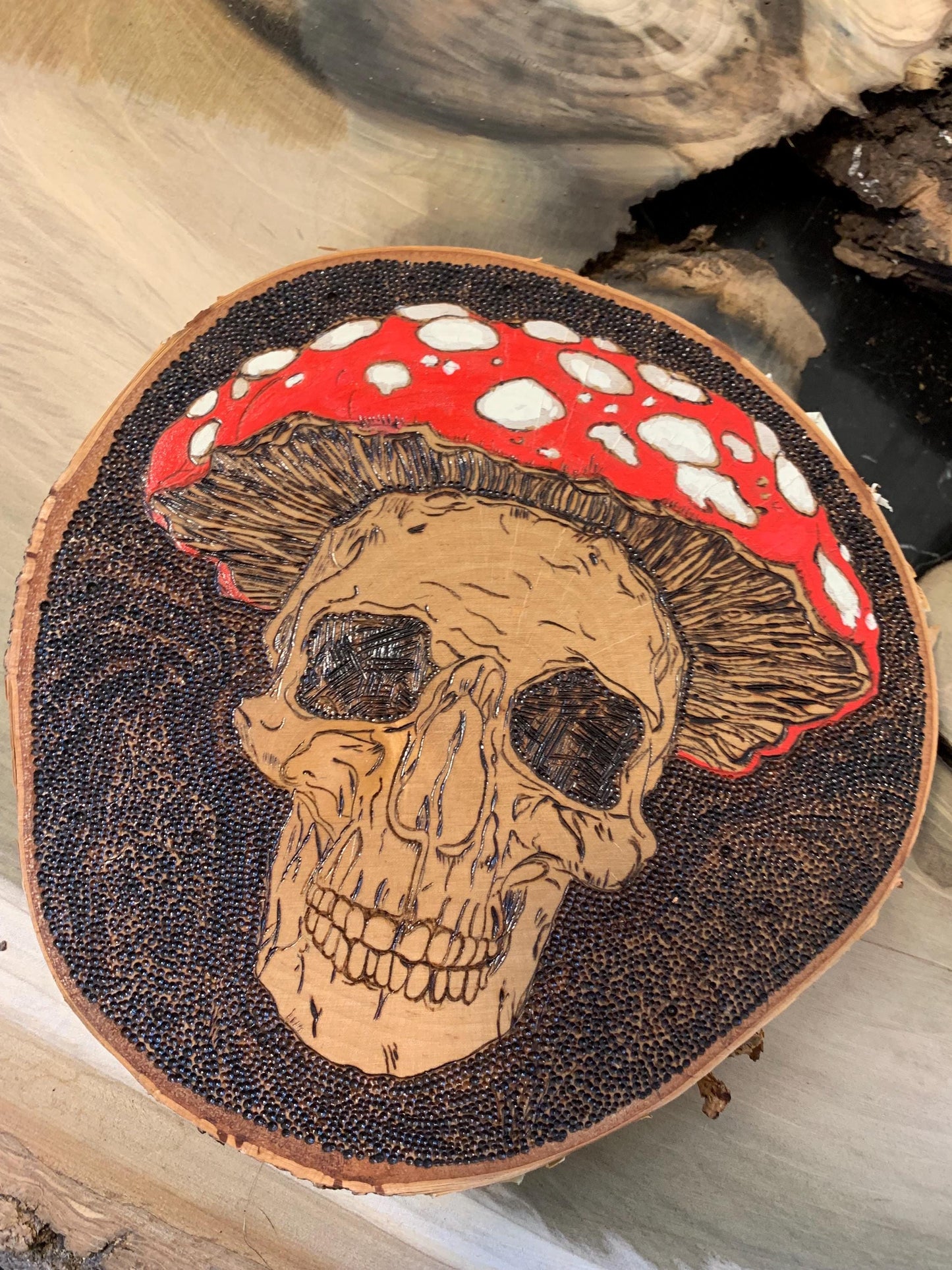 Mushroom Head - Skeleton Amanita Mushroom Woodburned Art work