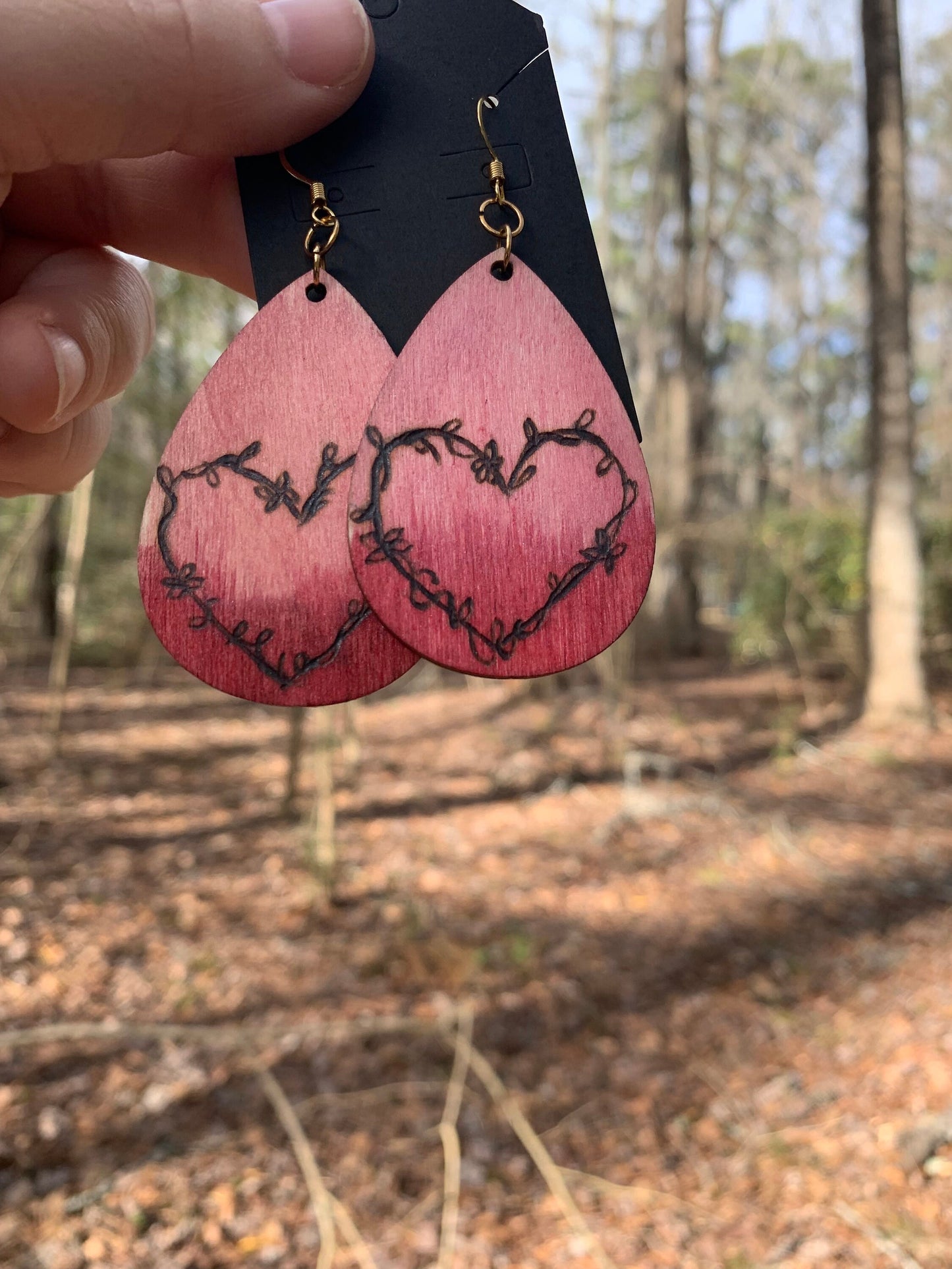 Pink Heart & Vines: Pink Ombre dangle drop statement earrings, hand burned lightweight wooden floral earrings