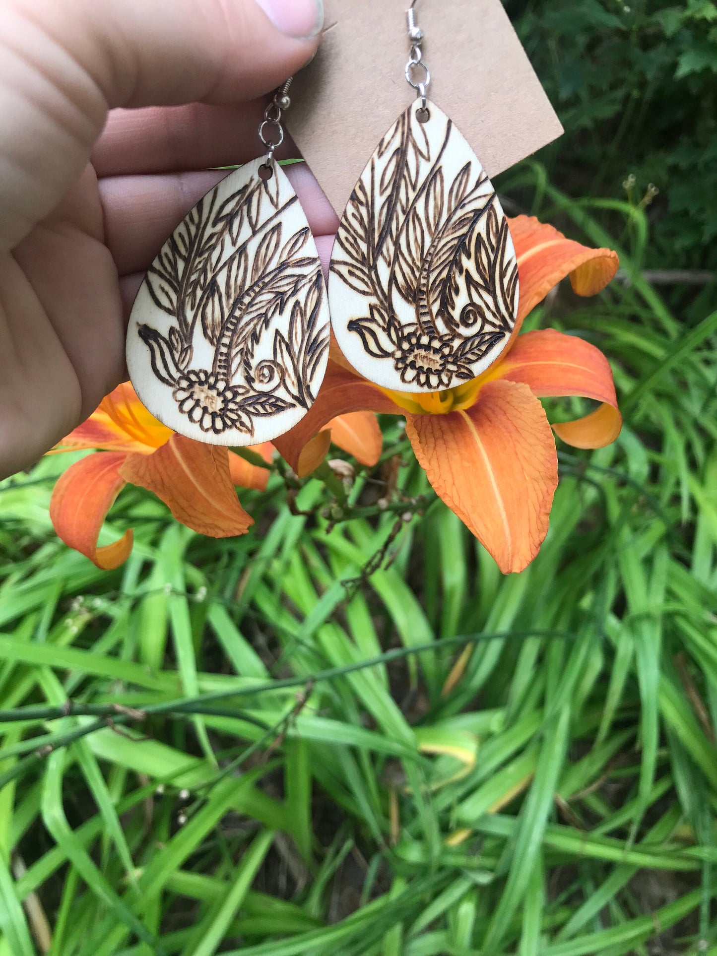 Intricate leaf earrings: Wood Burned Dangle Earrings  | Nature-Inspired Jewelry l unique wearable art