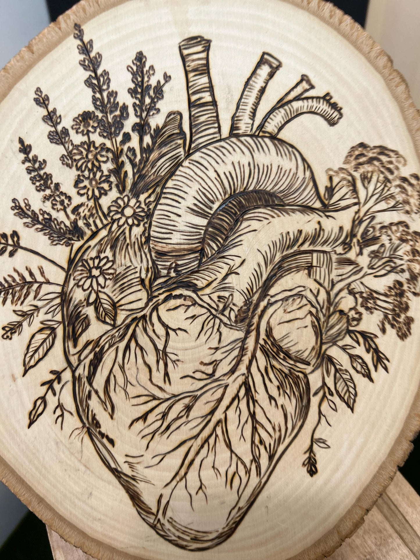 Anatomical Floral Heart Macabre Beautiful Pyrography Art Piece - Fine Wood Art, Unique and curious woodburned art, Interesting Weird Art
