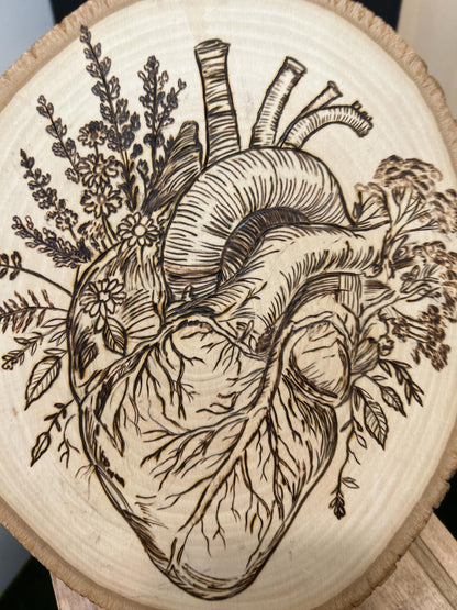 Anatomical Floral Heart Macabre Beautiful Pyrography Art Piece - Fine Wood Art, Unique and curious woodburned art, Interesting Weird Art