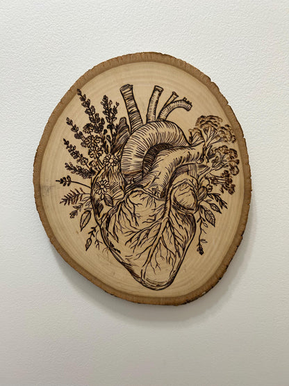 Anatomical Floral Heart Macabre Beautiful Pyrography Art Piece - Fine Wood Art, Unique and curious woodburned art, Interesting Weird Art