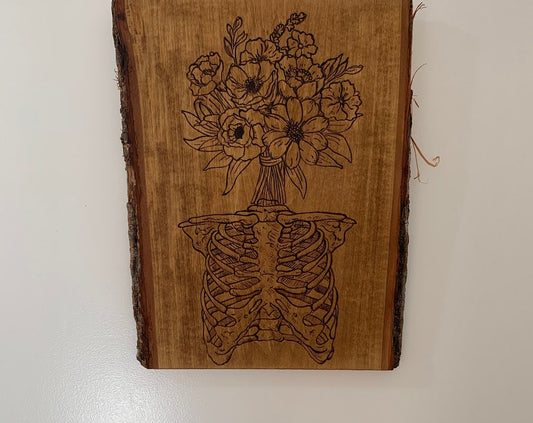 Skeleton Ribcage floral head woodburning art