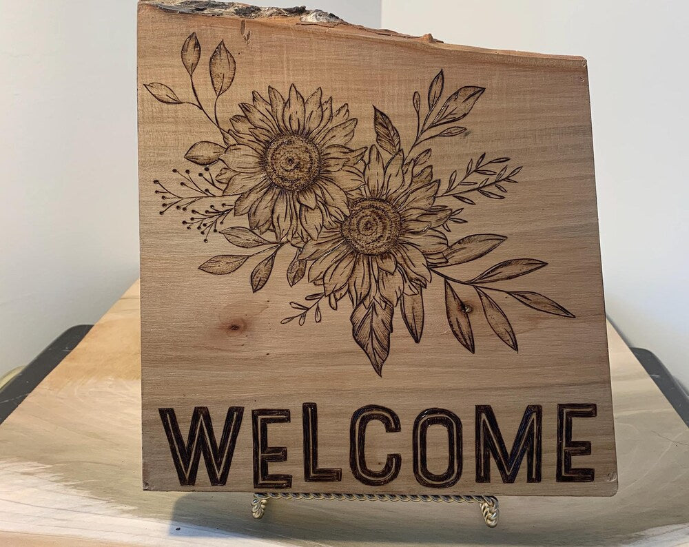 Hand-crafted Pyrography Ambrosia Maple Floral Wooden Welcome Sign