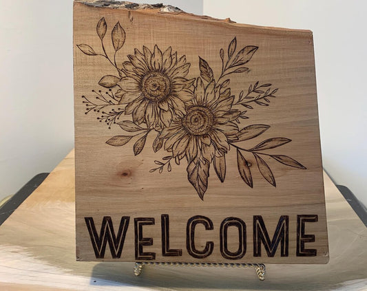 Hand-crafted Pyrography Ambrosia Maple Floral Wooden Welcome Sign
